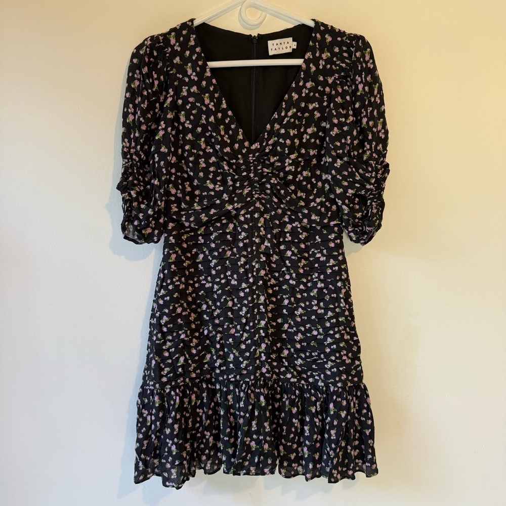 Tanya Taylor Pansy Puff Sleeve Ruched Flounce Mini Dress Floral Black Size 6